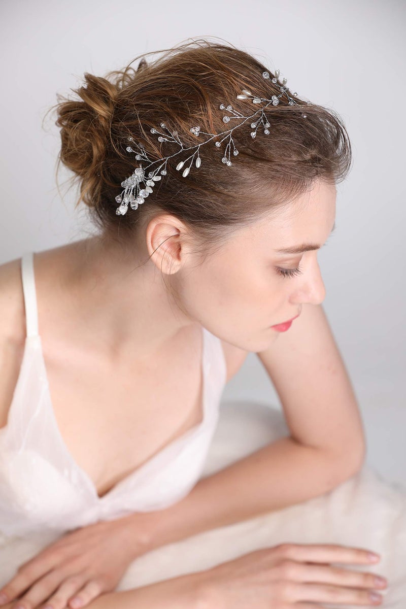 FXmimior Bride Hair Accessories Crystal Hair Vine Earrings Sets Headband Wedding Hair Comb Evening Party Hair Piece (silver) (headband ONLY)â€¦ - Image 3